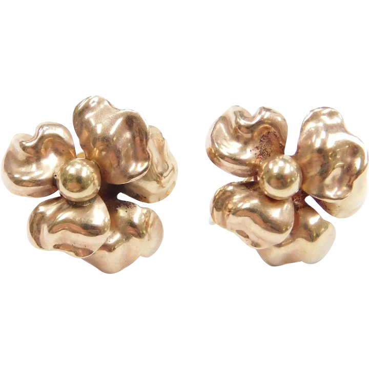 Edwardian 10k Rose Gold Flower Screw On Earrings
