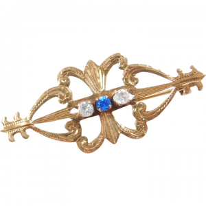 Edwardian 14k Gold Blue and White Spinel Pin Brooch