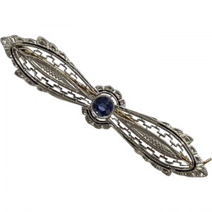 Edwardian BOW Pin Brooch 14K Gold Platinum and Ceylon Sapphire