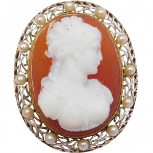 Edwardian Cameo Pendant / Pin with Seed Pearl Detail 14k Gold