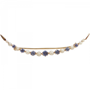 Edwardian Ceylon Sapphire and Seed Pearl .82 ctw Crescent Moon Pin / Brooch