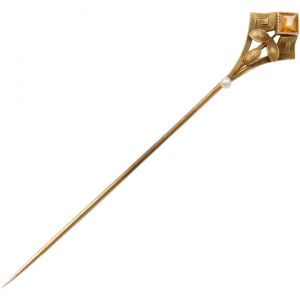 Edwardian Citrine and Seed Pearl Stick Pin 14k Gold