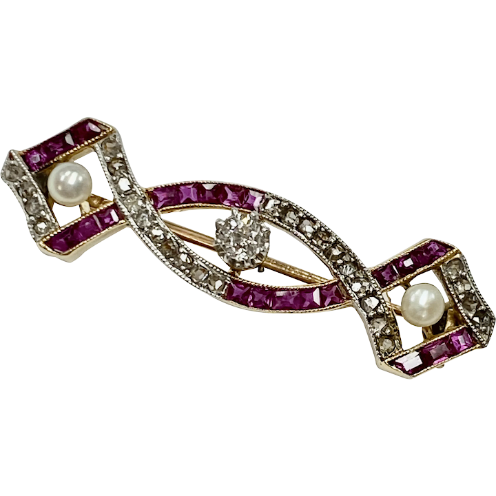 Edwardian Era Brooch Diamond Ruby Cultured Pearl 14K Gold and Platinum