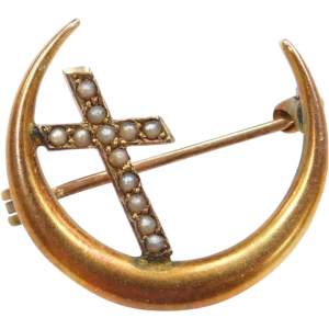Vintage Seed Pearl Cross and Crescent Moon Pin 10k Gold