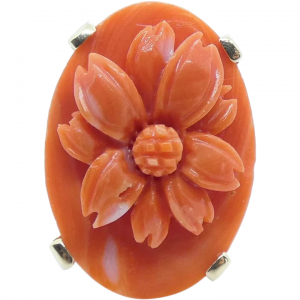 Floral Carved Coral Ring 14K Yellow Gold