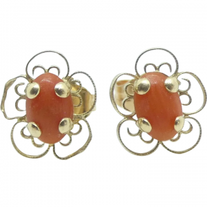 Floral Coral Filigree Stud Earrings 14k Yellow Gold