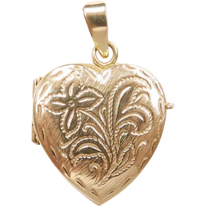Floral Embossed Heart Locket Pendant 14k Gold