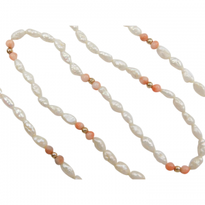 Freshwater Pearl and Angel Skin Coral Bead Necklace 14k Gold