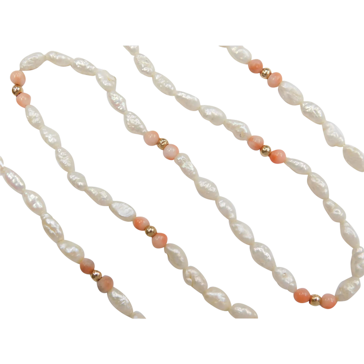 Freshwater Pearl and Angel Skin Coral Bead Necklace 14k Gold