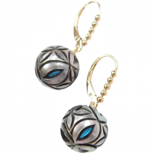 Galatea Pearl and Man Made Turquoise Floral Carved Orb Drop Earrings 14k Gold Lever Backs