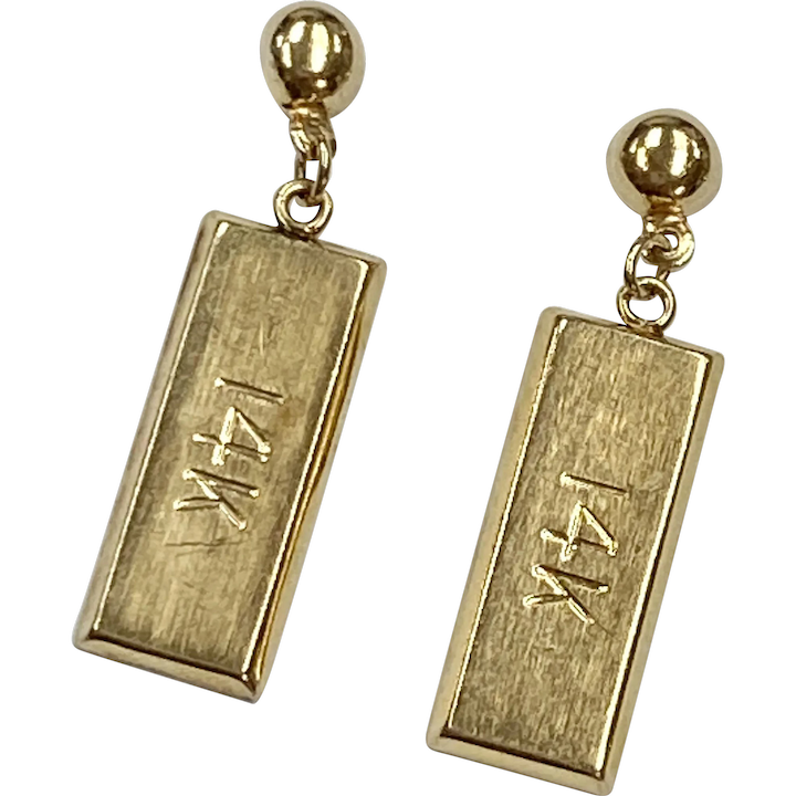 Gold Bullion Bar Dangle Earrings 14K Gold