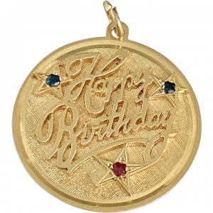 Happy Birthday Jeweled Vintage Charm 14K Gold Ruby & Sapphire