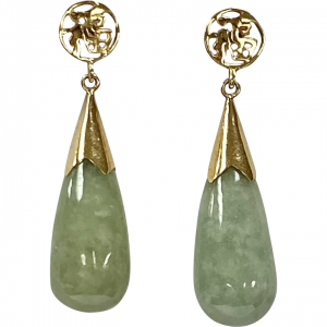 Jade Dangle Earrings 14K Gold Good Luck Fortune Kanji