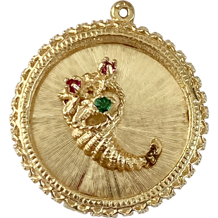 Jeweled Cornucopia Vintage Charm 14K Gold Ruby & Emerald