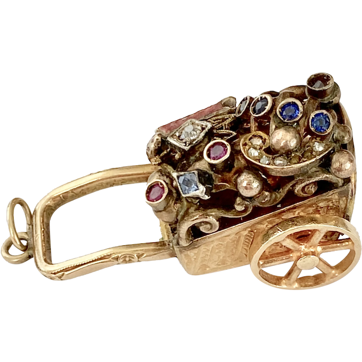 Jeweled Moving Flower Cart Vintage Charm 14K Gold Handcrafted OOAK