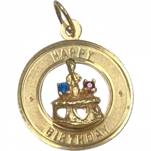 Jeweled Vintage Happy Birthday Charm 14K Gold