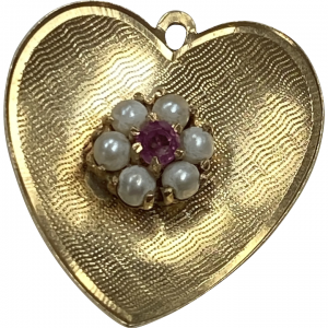 Jeweled Vintage Heart Charm 14K Gold Ruby and Cultured Pearl