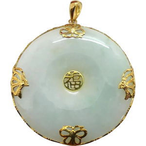 LARGE "Good Fortune" Butterfly Jade Pendant 14K