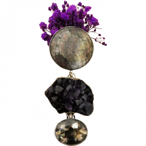 LARGE Mosaic Abalone Raw Amethyst and Smokey Quartz Sterling Silver Pendant