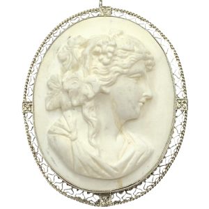 Lava Rock Cameo Pendant Brooch 14K White Gold Filigree