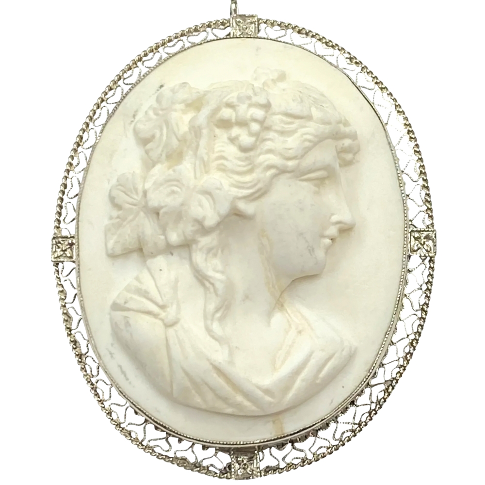 Lava Rock Cameo Pendant Brooch 14K White Gold Filigree