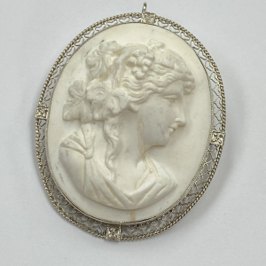 Lava Rock Cameo Pendant Brooch 14K White Gold Filigree