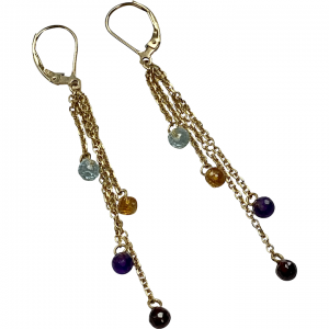 Long Dangle Tassel Earrings Multi Gemstone Briolette 14K Gold
