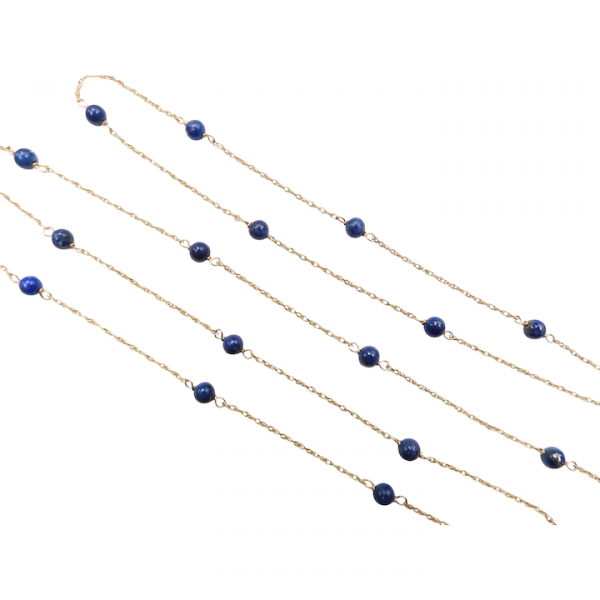 Long Lapis Lazuli Bead Station Necklace 14k Yellow Gold