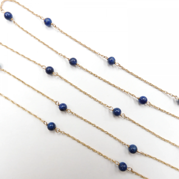 Long Lapis Lazuli Bead Station Necklace 14k Yellow Gold