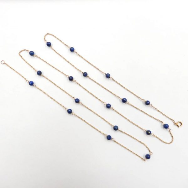 Long Lapis Lazuli Bead Station Necklace 14k Yellow Gold