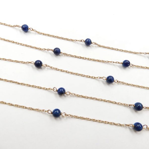 Long Lapis Lazuli Bead Station Necklace 14k Yellow Gold