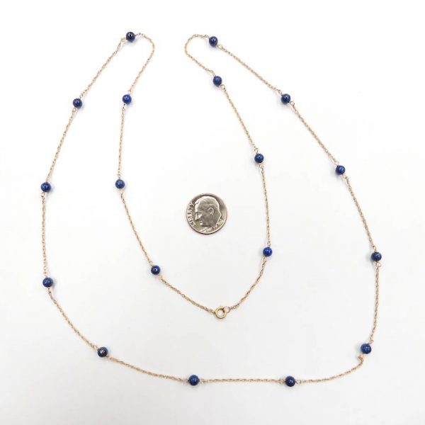 Long Lapis Lazuli Bead Station Necklace 14k Yellow Gold