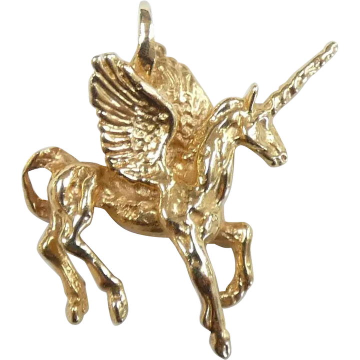 Magical Winged Unicorn Pendant / Charm 14k Yellow Gold