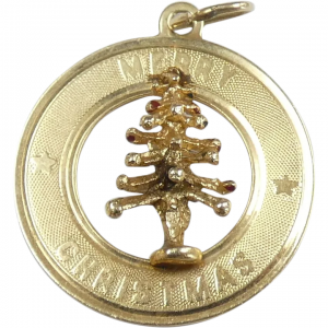 Vintage Merry Christmas Fir Tree Holiday Charm 14K Gold
