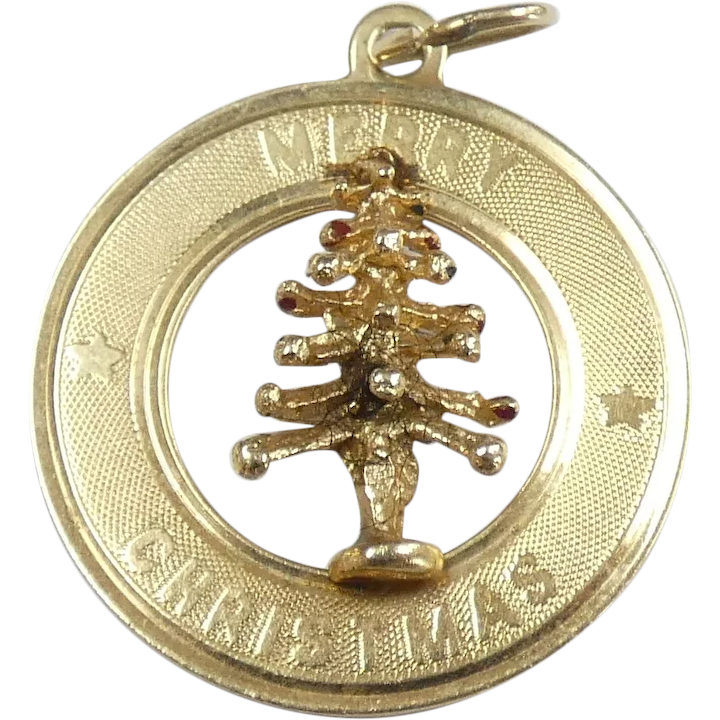 Vintage Merry Christmas Fir Tree Holiday Charm 14K Gold