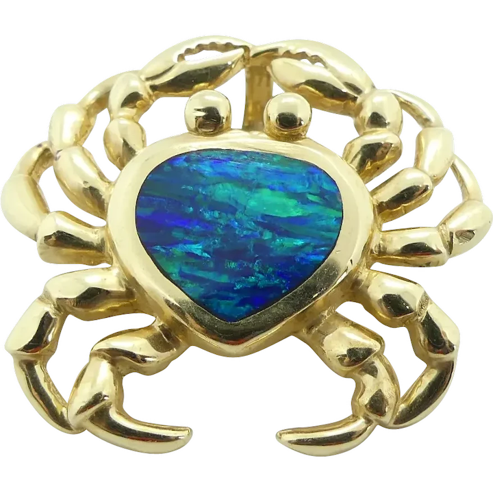 Nautical Opal Inlay Crab Pendant 14K Yellow Gold