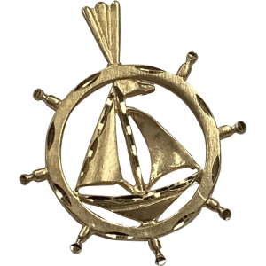 Nautical Sailboat and Ship Wheel Pendant 14K Gold