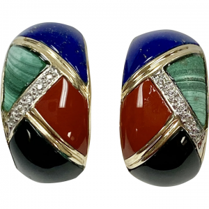 Navajo Crafted Drop Earrings 14K Gold Colorful Intarsia Diamond Accent