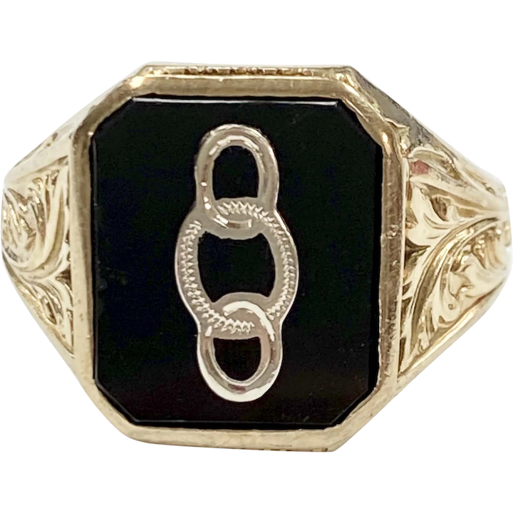 Odd Fellows Vintage Ring Onyx & 10K Two-Tone Gold
