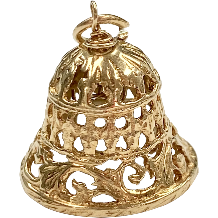 Ornate Filigree Vintage Bell Charm 14K Gold & Cultured Pearl