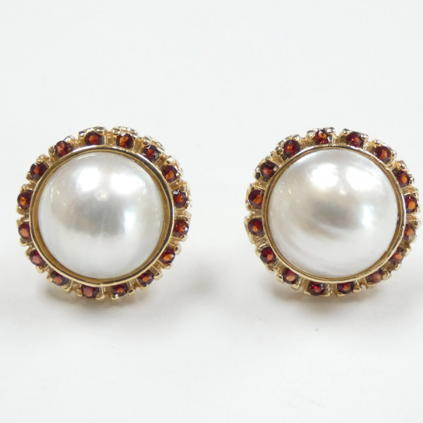 Pearl & Garnet Halo Stud Earrings 14k Yellow Gold
