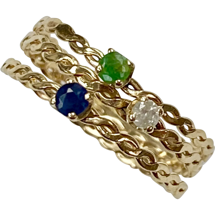 Petite Stack Ring Set (3) Diamond Emerald Sapphire 14K Gold