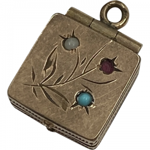 Petite Victorian Locket Charm Rolled Gold Floral Detail Glass Bead Accent
