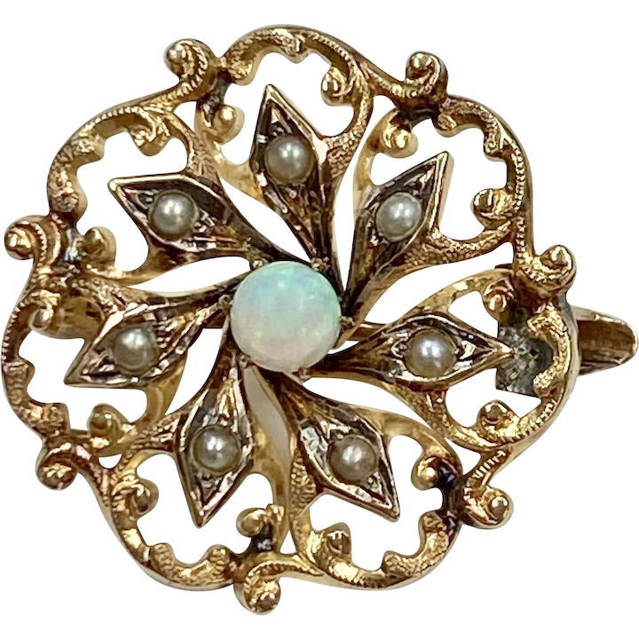 Petite Victorian Pin Opal & Seed Pearl 14K Gold