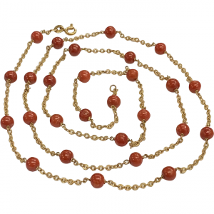 Red Coral Bead 6mm Station Necklace 18K Gold 33" Length