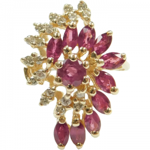 Ruby and Diamond 1.50 ctw Swirling Waterfall Cluster Ring 14k Gold