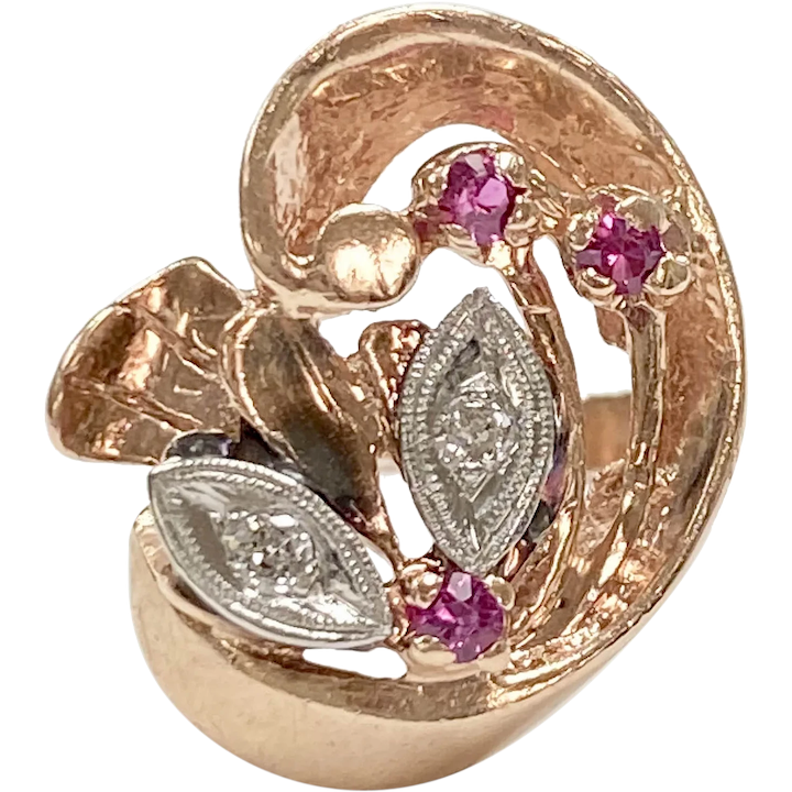 Ruby & Diamond Retro Ring 14K Rose & White Gold