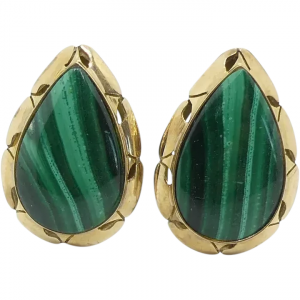Teardrop Malachite Earrings 14K Yellow Gold