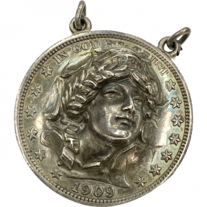 1909 US Silver Half Dollar Pendant Trench Art Stamped Lady Liberty