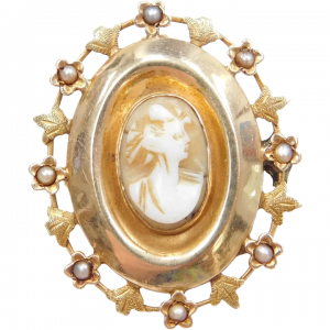 Victorian 14k Gold Cameo with Floral Halo